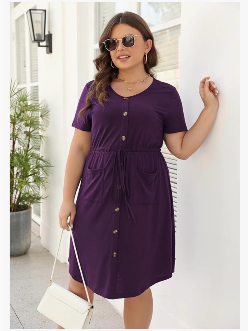 Short Sleeve Drawstring Button-Front Mini Dress in Deep Purple sz 18